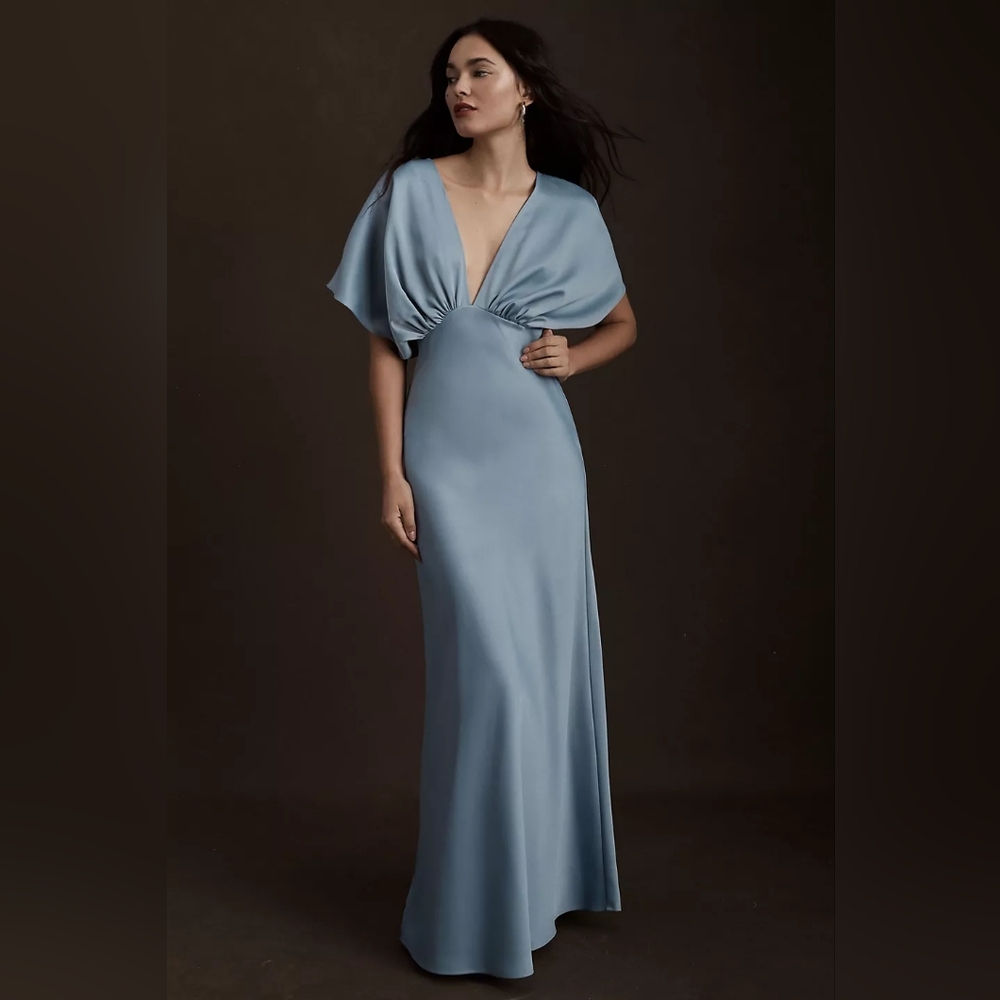 BHLDN Leila Deep-V Flutter-Sleeve Satin A-Line Gown (Dusty Blue)